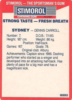 1990 AFL Scanlens Stimorol #79 Dennis Carroll Back